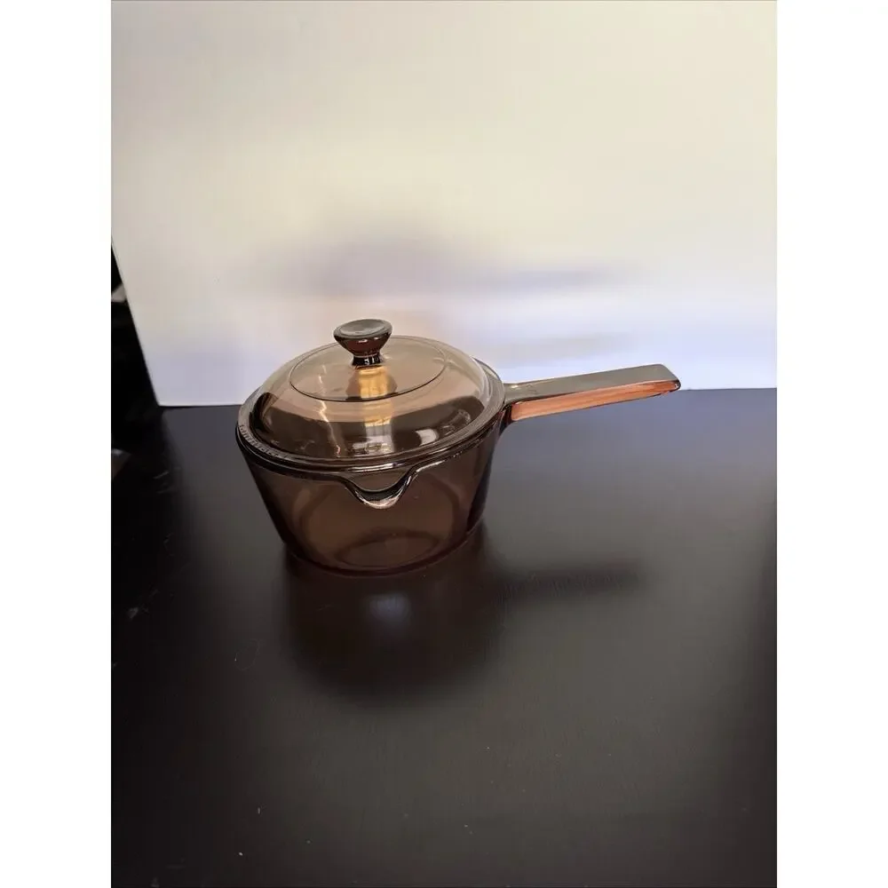 Vintage Vision Corning Ware Corning USA Sauce Pan Spout Pyrex Lid Amber 1L